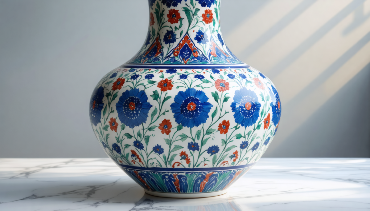 découvrez cet imposant vase orné de magnifiques motifs iznik, créé en 2013 par l'artiste jérôme galvin, une pièce unique alliant tradition et élégance.