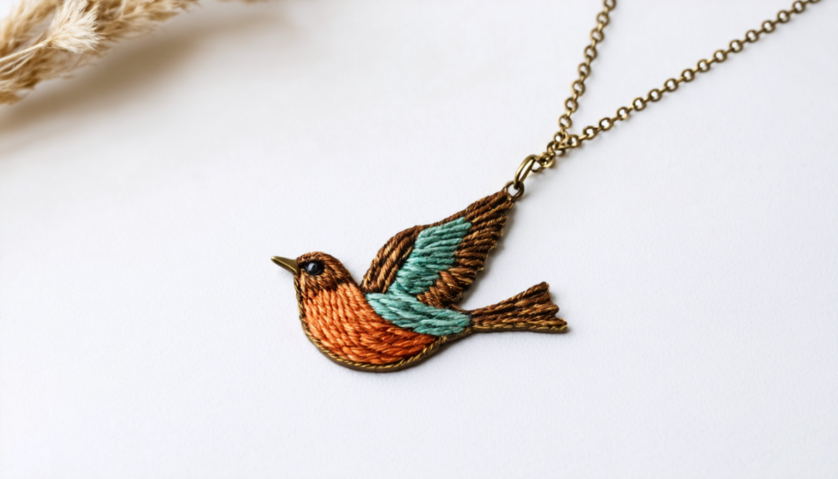 découvrez le collier oiseau en bronze, brodé à la main par macon&lesquoy, une création unique alliant élégance et savoir-faire artisanal français.